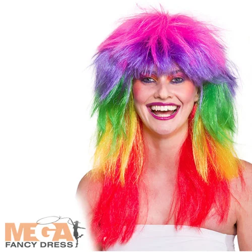 Ladies Glam Rainbow Wig 80s Neon Punk Rock Fancy Dress Costume Accessory Tunics Trousers formal Ladies Glam Rainbow Wig 80s Neon Punk Rock Fancy Dress Costume Accessory Tunics Trousers formal