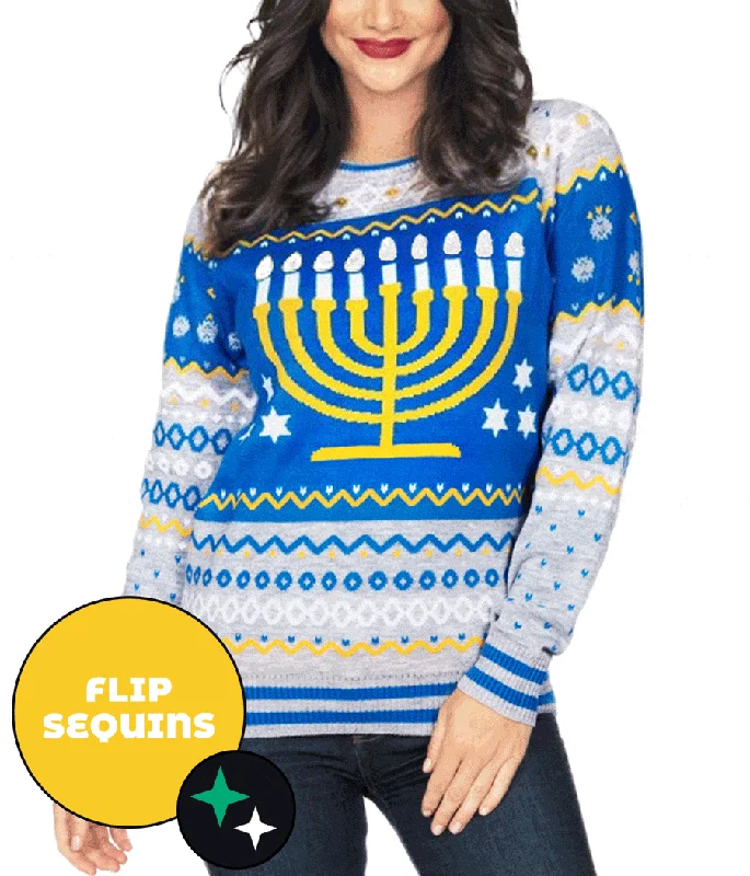 Women's Reversible Sequin Hanukkah Sweater Zippered Buttoned Snapped