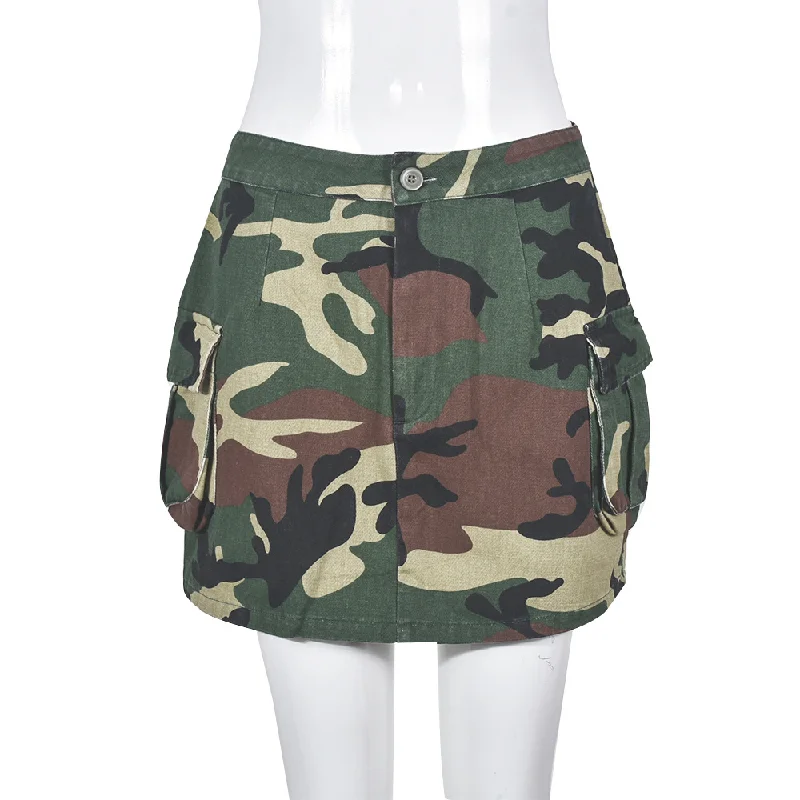 Women Fashion Camouflage Print Summer Multi-Pocket Short Skirt ruffled skirt detail