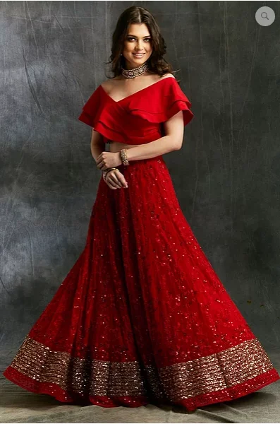 Astha Narang Off Shoulder Crop Top With Red Embroidered Lehenga Notch Collar Peter Pan Collar Cowl Neck