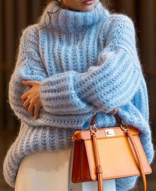 Powder Blue Cozy Oversized Turtleneck Sweater Fitted Loose Oversized