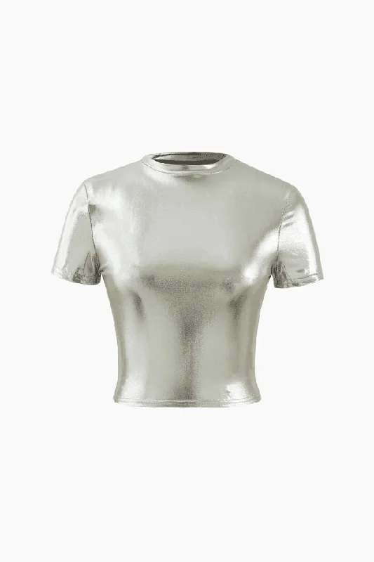 Metallic Short Sleeve Crop Top Collared Crop Top Boat Neck A-Line