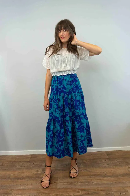 70s Tiered Blue Floral Maxi Skirt lace skirt romantic