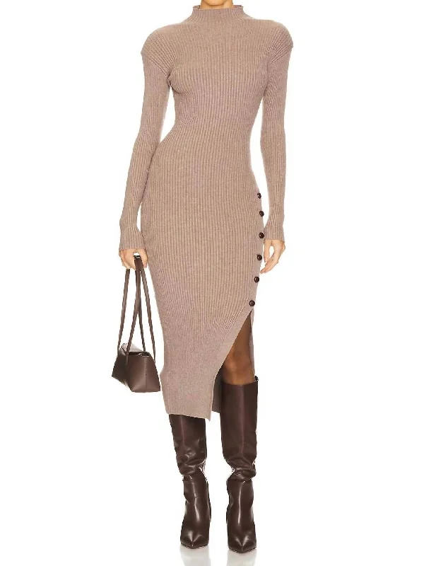 Soryn Sweater Dress In Taupe Houndstooth Herringbone Solid