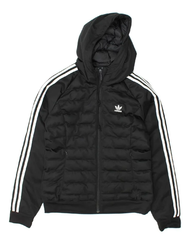 ADIDAS Womens Hooded Padded Jacket UK 12 Medium Black Polyester Welt Pockets Slit Pockets Flap Pockets ADIDAS Womens Hooded Padded Jacket UK 12 Medium Black Polyester Welt Pockets Slit Pockets Flap Pockets