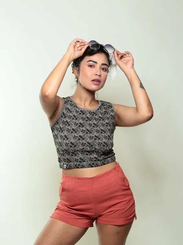 Checkered Crop Top Grey Print Jacquard Patchwork