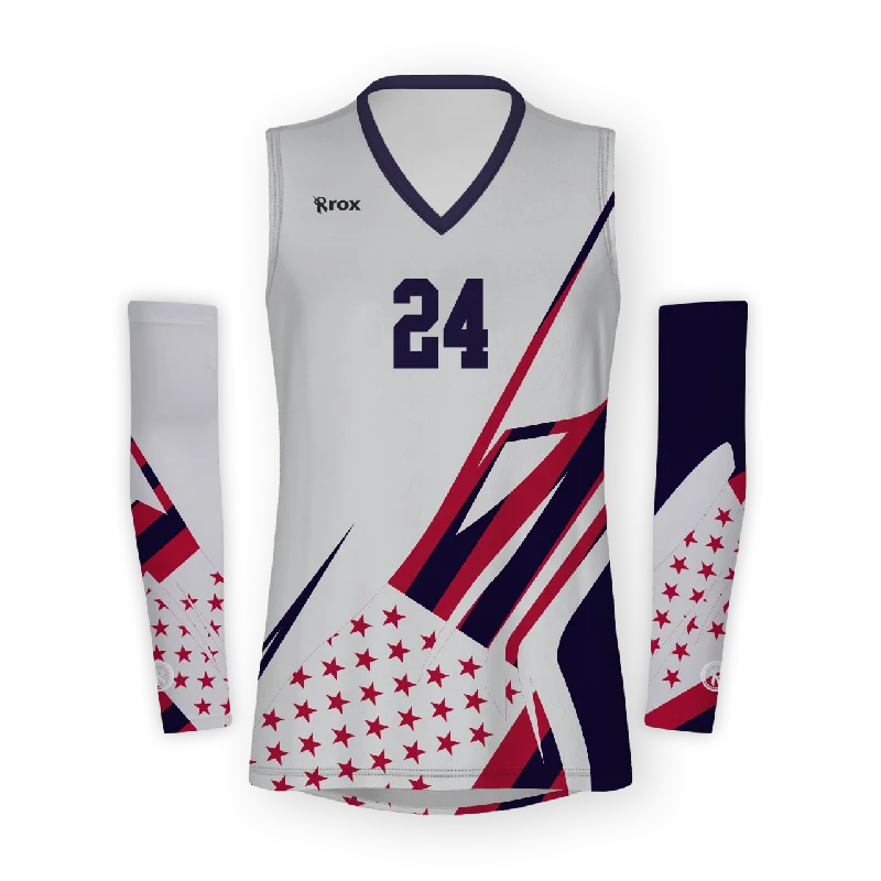 Patriot Women's Sleeveless with Sleeves Sublimated Volleyball Jersey V Neck Jersey Blouse Patriot Women's Sleeveless with Sleeves Sublimated Volleyball Jersey V Neck Jersey Blouse