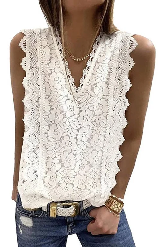 UNISHE - Lace Crochet V Neck Textured Tank Top TOPW1825: White / S vintage tank top