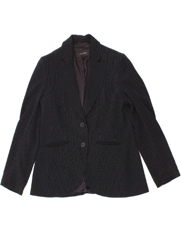 JAEGER Womens 2 Button Blazer Jacket UK 12 Medium Black Pinstripe Faux Fur Jacket Real Fur Jacket Shearling Jacket