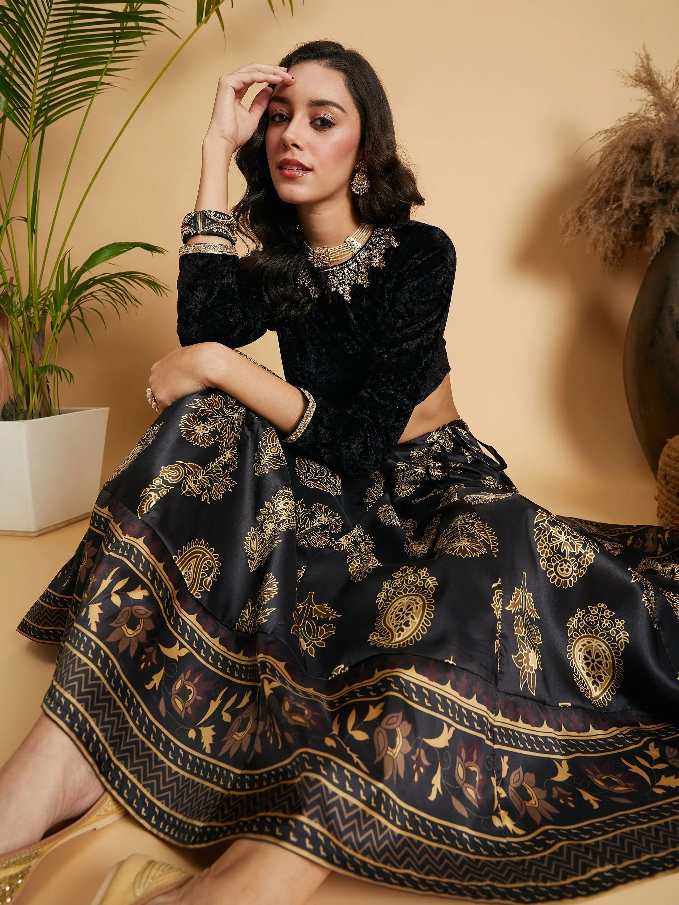Women Black Floral Skirt With Black Velvet Full Sleeves Crop Top Knit Fabric Woven Fabric Fleece Fabric Women Black Floral Skirt With Black Velvet Full Sleeves Crop Top Knit Fabric Woven Fabric Fleece Fabric