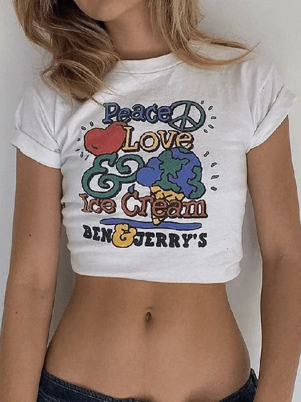 Love Peace Printed Crop Top Collared Crew Neck Turtle Neck