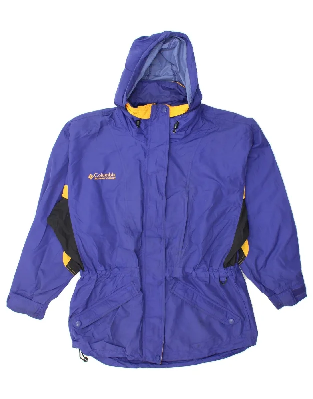 COLUMBIA Womens Hooded Rain Jacket UK 14 Medium Blue Colourblock Polyester Knit Fabric Woven Fabric Fleece Fabric COLUMBIA Womens Hooded Rain Jacket UK 14 Medium Blue Colourblock Polyester Knit Fabric Woven Fabric Fleece Fabric