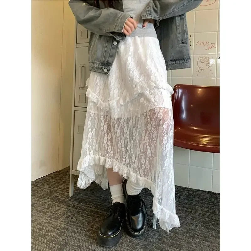 White Lace Asymmetrical Skirt Women Fairycore Sweet Vintage Mid Irregular Skirt Korean Style Aesthetic Ruffle Skirts chiffon skirt delicate