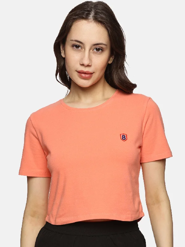 Women Cotton Spandex Short Sleeve Crop Top (Peach) Casual Formal Business