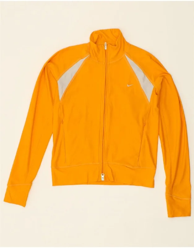 NIKE Womens Dri Fit Tracksuit Top Jacket UK 10/12 Medium Yellow Front Pockets Side Pockets Patch Pockets