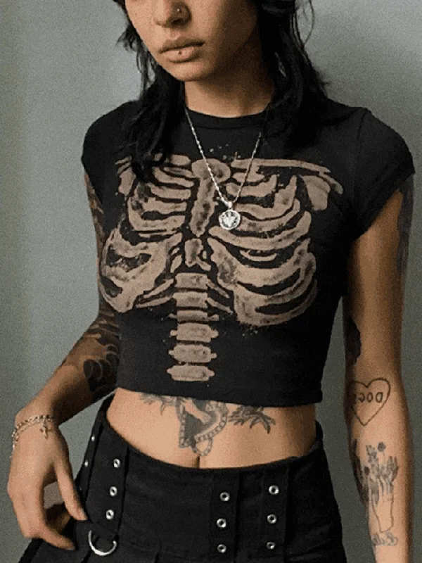 Vintage Skeleton Printed Crop Top Anti-Pilling Machine Wash Handmade