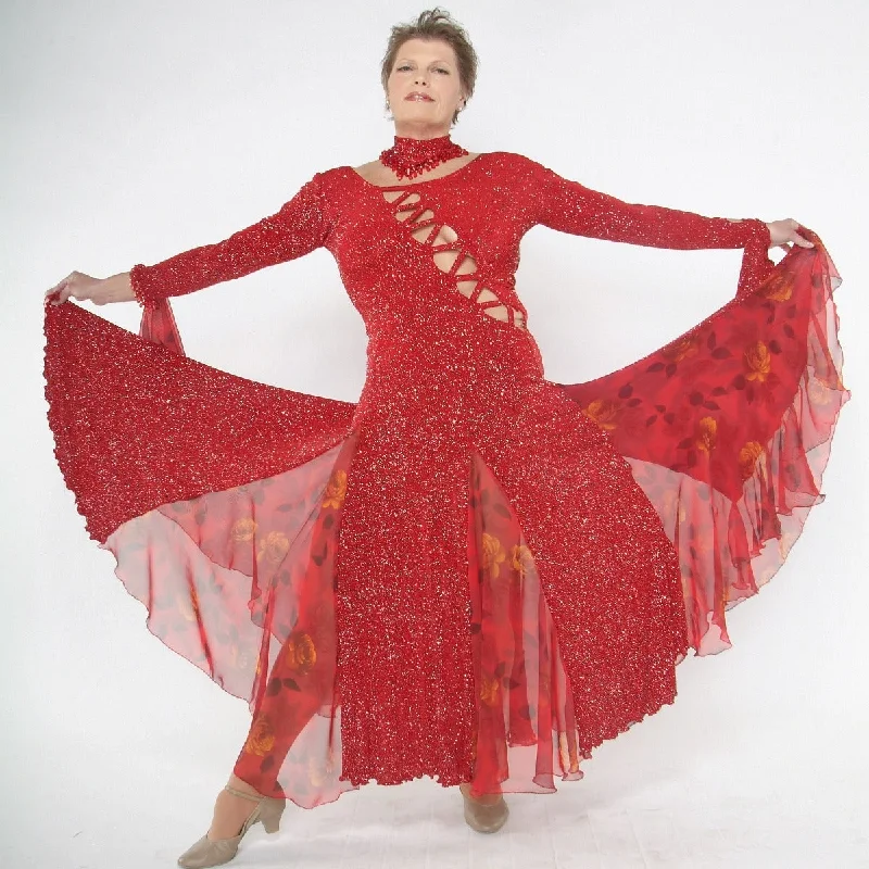 Red Ballroom Dress with Rose Print Chiffon Insets on Sale-Enticing Tunics Sophisticated sleek Red Ballroom Dress with Rose Print Chiffon Insets on Sale-Enticing Tunics Sophisticated sleek
