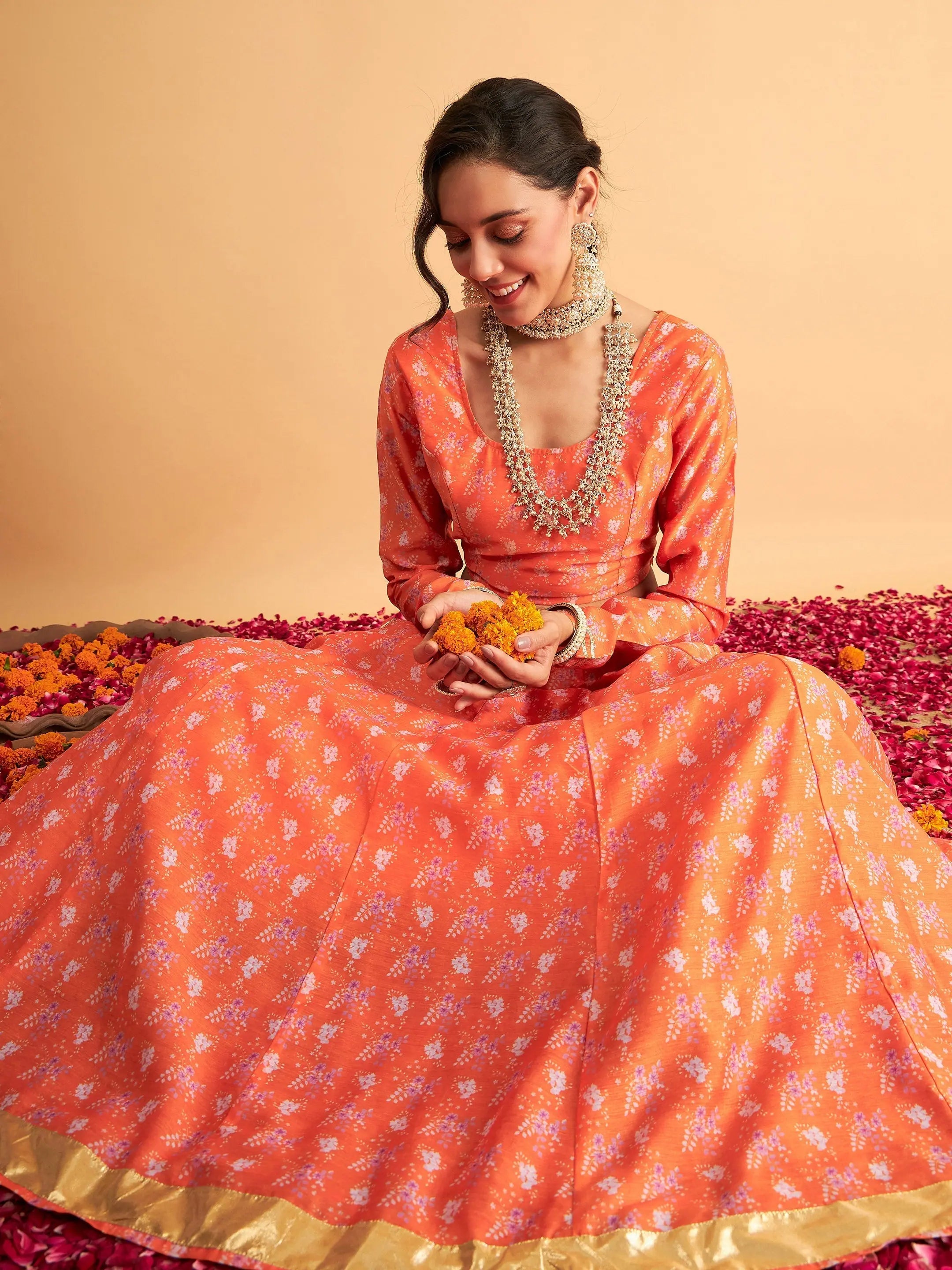 Women Orange Floral Anarkali Side Pocket Skirt With Crop Top Hooded Caped Shawl Collar Women Orange Floral Anarkali Side Pocket Skirt With Crop Top Hooded Caped Shawl Collar