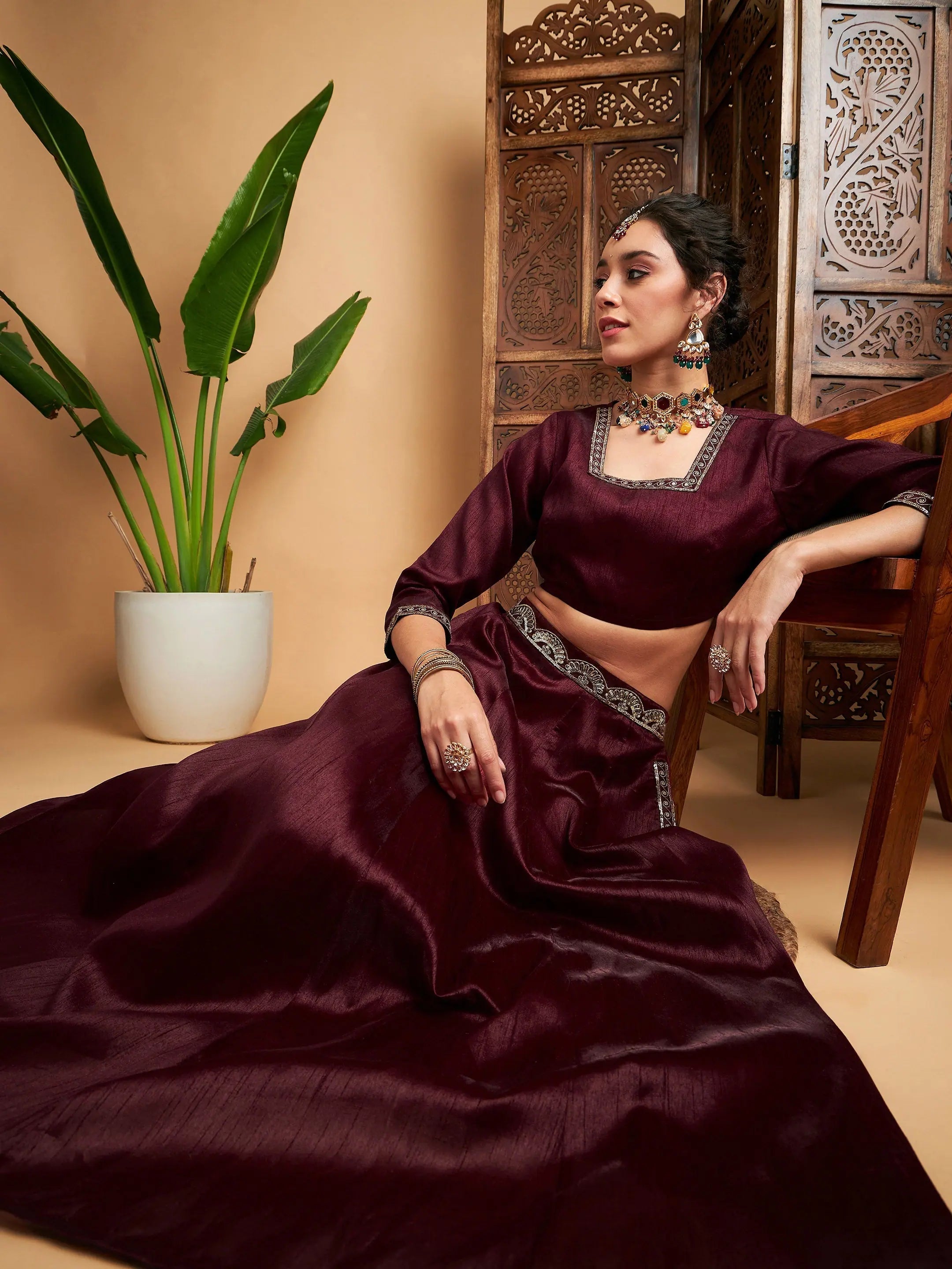 Women Maroon Embroidered Anarkali Skirt With Crop Top Ribbed Crop Top High Neck Heavyweight Women Maroon Embroidered Anarkali Skirt With Crop Top Ribbed Crop Top High Neck Heavyweight