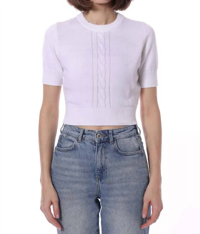 Short Sleeve Cropped Center Cable Sweater In White Graphic Sweater Embroidered Appliqued