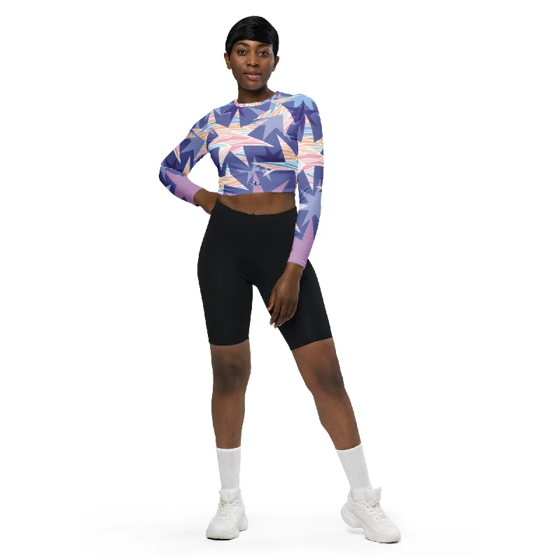 Purple Stars Recycled Long-Sleeve Crop Top Sequined Glittery Shiny