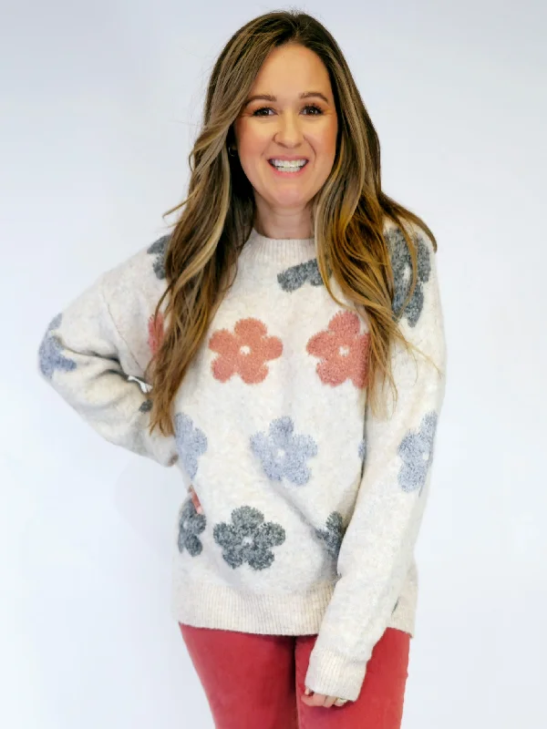 PUFF FLORAL SWEATER - BEIGE Solid Color Striped Floral Print