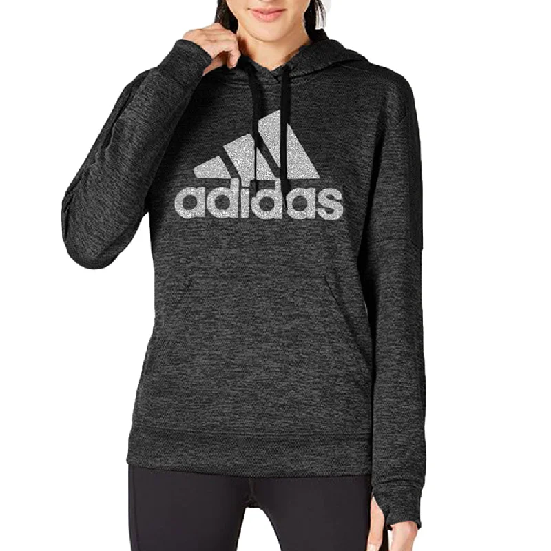 Adidas Women's Originals Shine Logo Hoodie Dark Grey Hoodie with Hem Frayed Vintage Worn