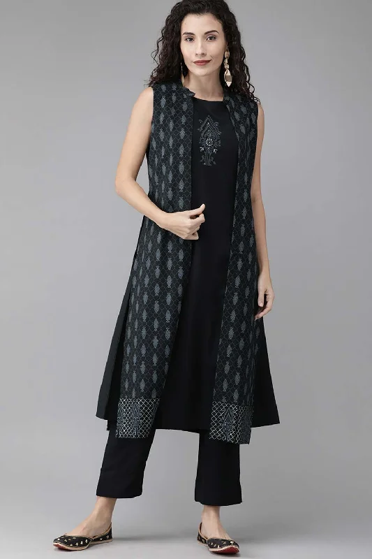 Black Crepe Printed Kurta Pant Set With Jacket Appliqued Jacket Beaded Jacket Sequined Jacket Black Crepe Printed Kurta Pant Set With Jacket Appliqued Jacket Beaded Jacket Sequined Jacket