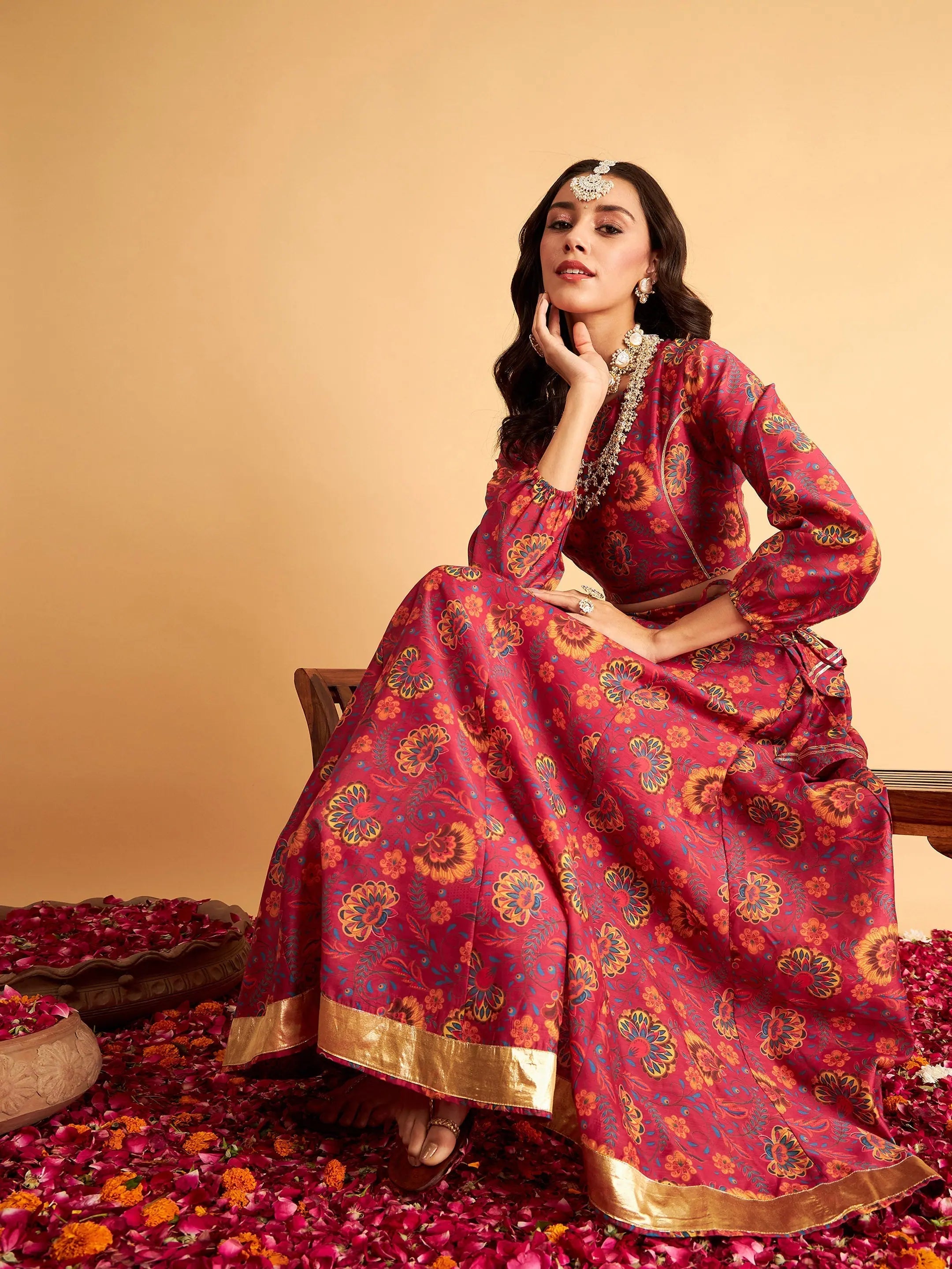 Women Fuchsia Floral Anarkali Side Tussle Skirt With Crop Top Welt Pockets Slit Pockets Flap Pockets Women Fuchsia Floral Anarkali Side Tussle Skirt With Crop Top Welt Pockets Slit Pockets Flap Pockets