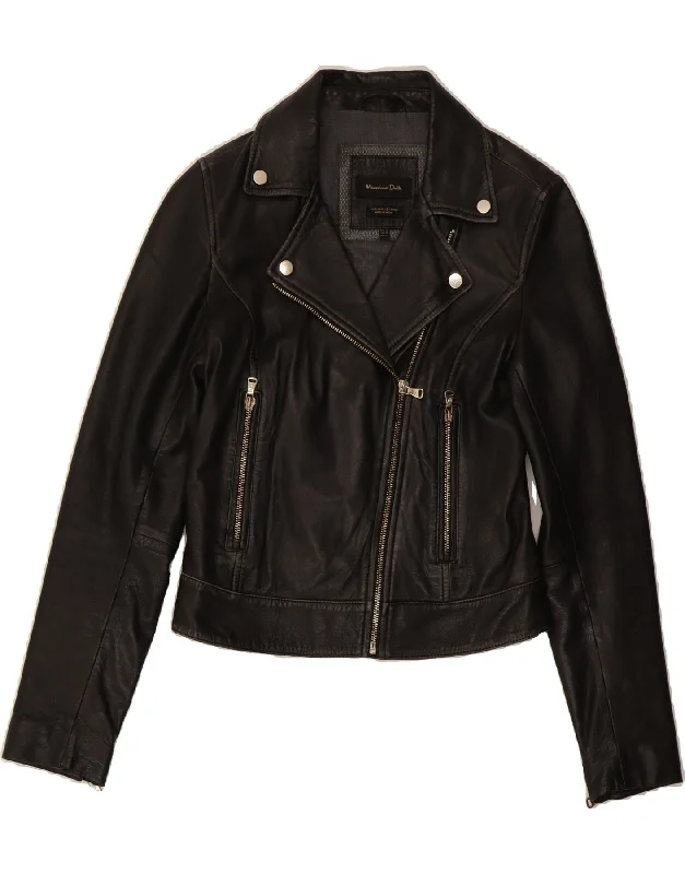 MASSIMO DUTTI Womens Leather Biker Jacket UK 6 XS Black Leather Tiered Jacket Buttoned Jacket Zippered Jacket MASSIMO DUTTI Womens Leather Biker Jacket UK 6 XS Black Leather Tiered Jacket Buttoned Jacket Zippered Jacket
