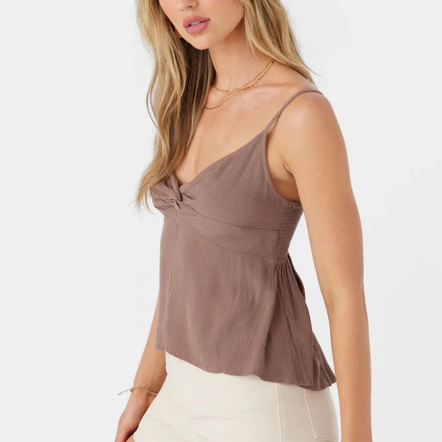 Oneill Tobi Twist Tank Top - Deep Taupe solid color tank