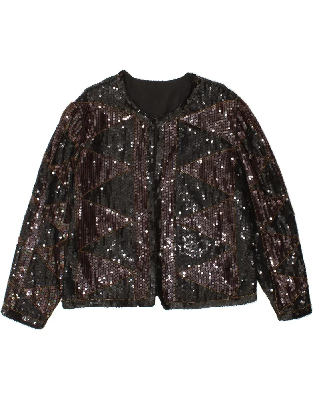 VINTAGE Womens Sequin Blazer Jacket UK 14 Large Black Viscose Ribbed Jacket Pleated Jacket Ruffled Jacket VINTAGE Womens Sequin Blazer Jacket UK 14 Large Black Viscose Ribbed Jacket Pleated Jacket Ruffled Jacket