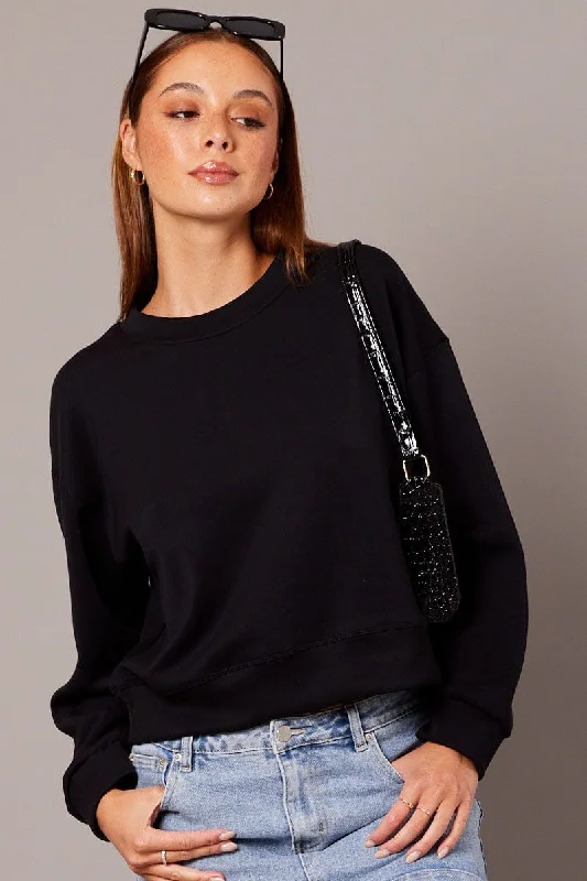 Black Crop Sweater Long Sleeve Oversized Fleece Sweater Nylon Polyester