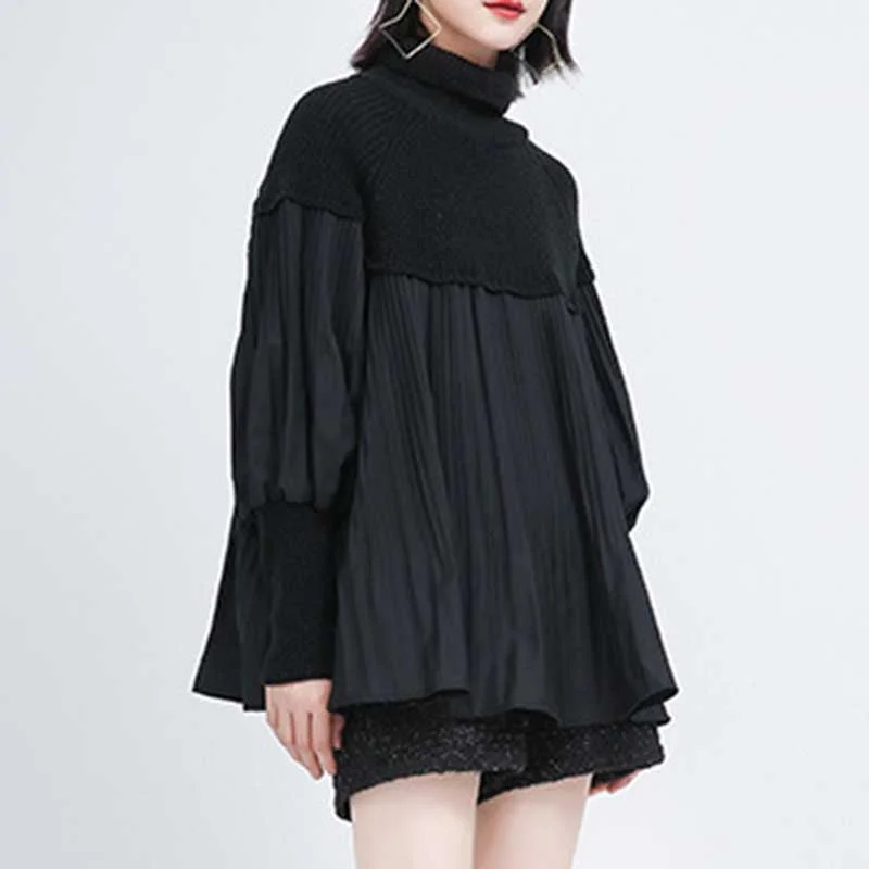 Puff Sleeve Pressed Turtleneck Sweater Toggled Drawstring Belted