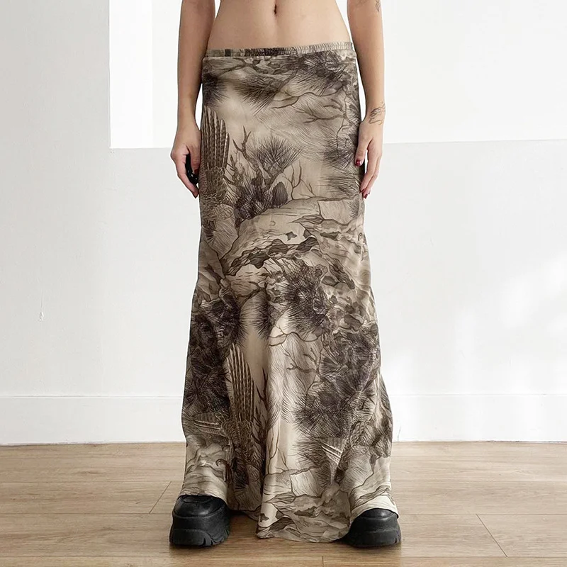 Women'S Fashion Vintage Printing Low Waist Loose Long Skirt tulle skirt dreamy