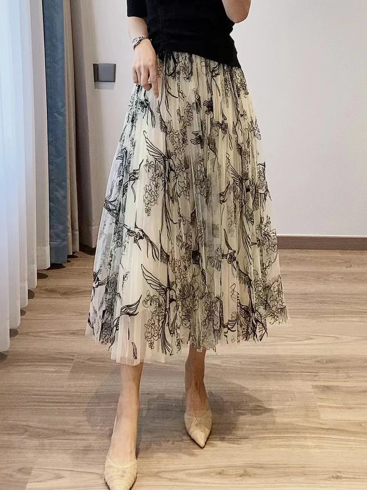 Women Flocking Flower  Bird Tulle Gauze Skirt Elegant Sweet Elastic Waist Midi Floral Mesh Skirt corduroy skirt comfortable