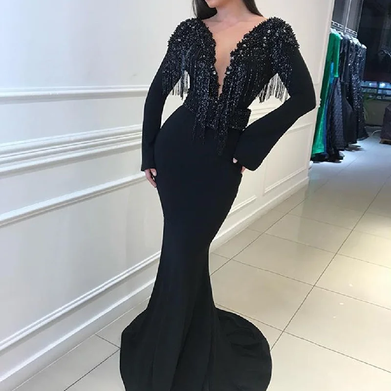 Black Tulle Long Sleeve Backless Jersey Mermaid Beaded Prom Dress, FC1890 Tunics Vintage classic Black Tulle Long Sleeve Backless Jersey Mermaid Beaded Prom Dress, FC1890 Tunics Vintage classic