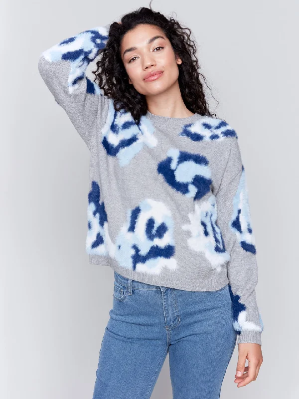 HAIRY JACQUARD CREW NECK SWEATER - NAVY FLORAL Seamless Knitted Crochet