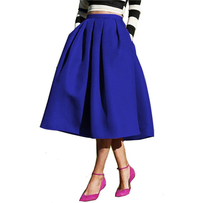 Fashion Women's European Style Famous High Waist Pockets Flare Pleated Spring Latest Vintage A Line Midi Skirt velvet skirt luxury