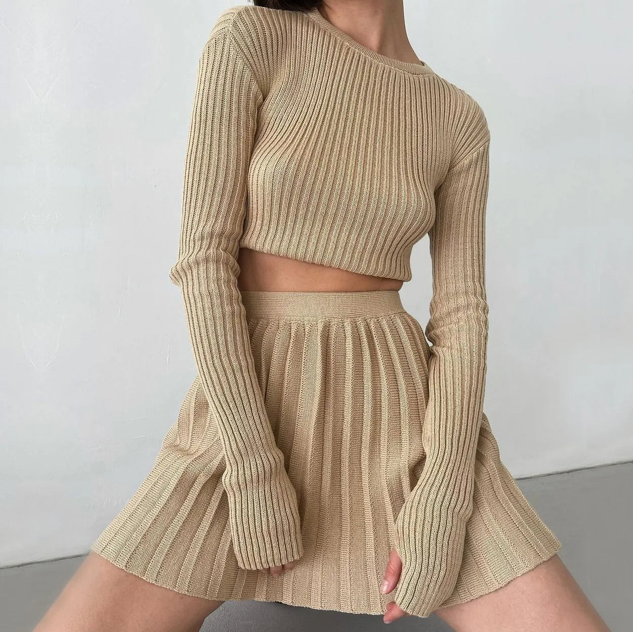 Advbridge Autumn Winter Green Knitted Skirt 2 Pieces Sets Women Suits Long Sleeve Slim Crop Top Sweater and Pleated Skirt Matching Sets Print Jacquard Patchwork