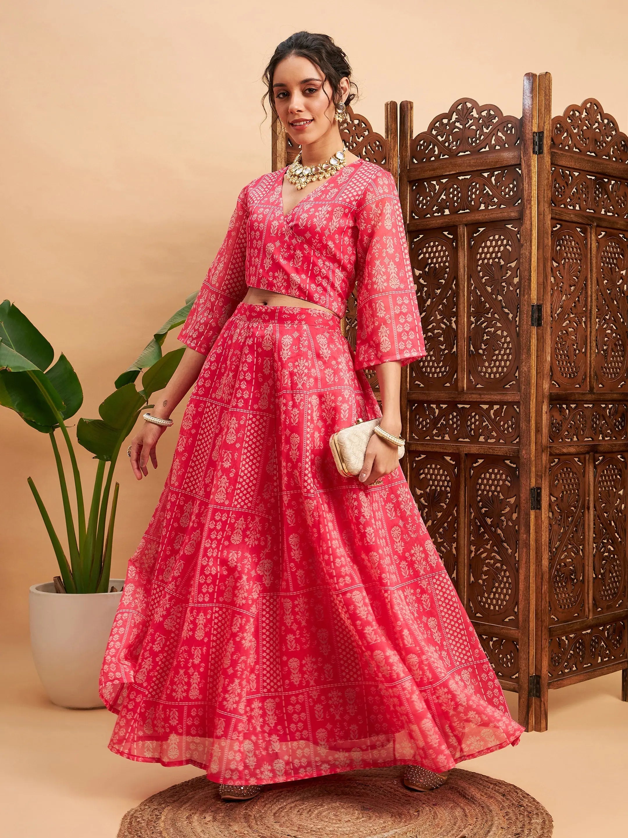 Women Pink Floral Anarkali Skirt With Wrap Crop Top Plaid Crop Top Polka Dot Checkered Women Pink Floral Anarkali Skirt With Wrap Crop Top Plaid Crop Top Polka Dot Checkered