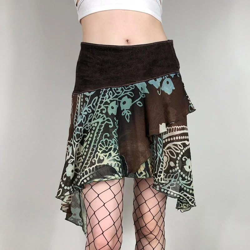 Women'S Retro Edgy Boho Floral Printing Mesh Irregular Skirt satin skirt smooth