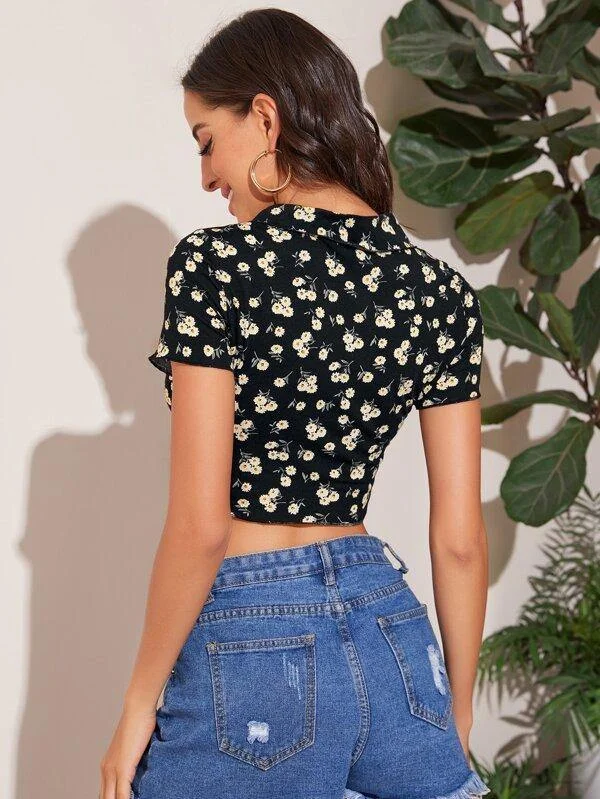 Daisy Print Button Front Collared Crop Top Rayon Fabric Velvet Fabric Corduroy Fabric Daisy Print Button Front Collared Crop Top Rayon Fabric Velvet Fabric Corduroy Fabric