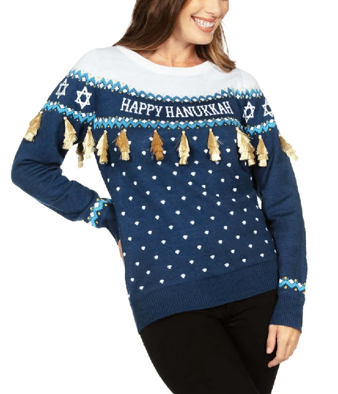 Women's Hanukkah Tassel Sweater Solid Color Striped Floral Print