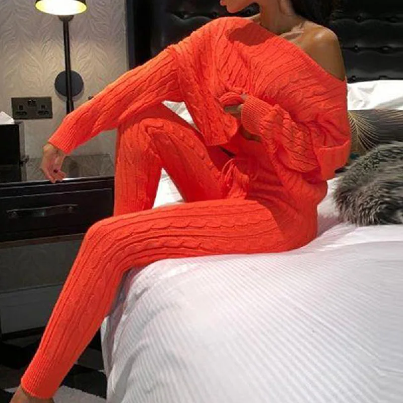 Cozy Orange Cable Knit 2pc Sweater & Leggings Set Nylon Fabric Polyester Fabric Spandex Fabric