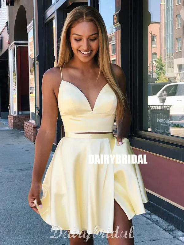 Yellow Two Pieces A-line Spaghetti Straps Backless Homecoming Dress, FC4012 Crew Neckline Casual Yellow Two Pieces A-line Spaghetti Straps Backless Homecoming Dress, FC4012 Crew Neckline Casual