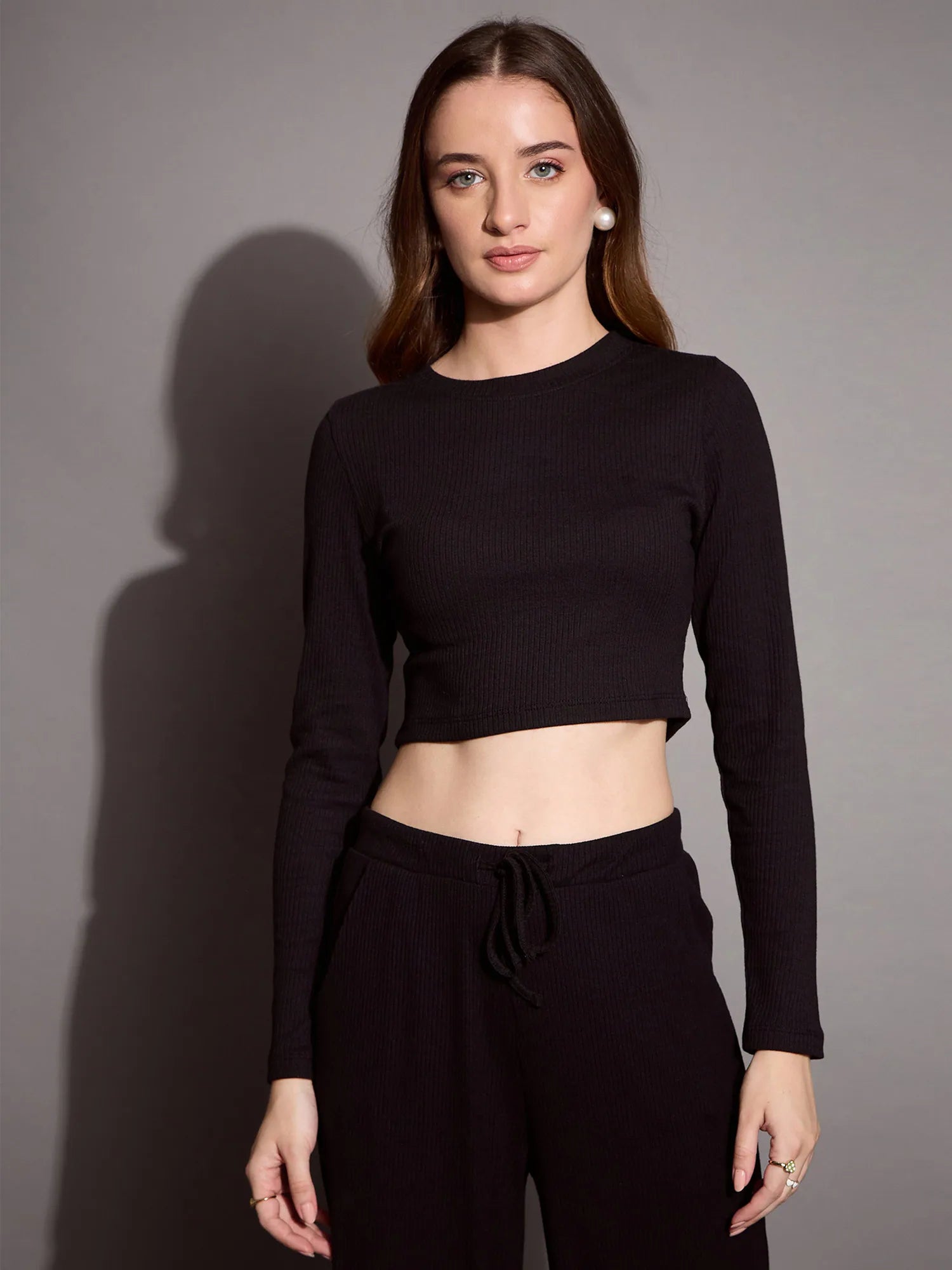 Women Black Rib Full Sleeve Crop Top-SFTOPS42071 Rayon Velvet Corduroy