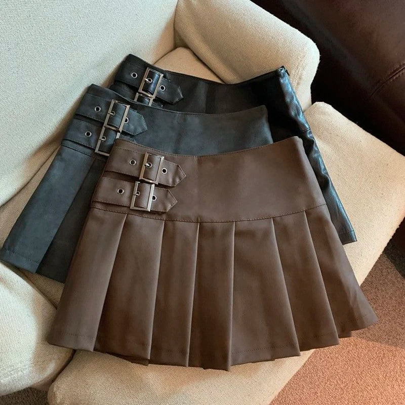 Y2K Pu Leather Mini Skirt Women Vintage High Waist Pleated Skirts Streetwear Korean Black Slim Casual A Line Skirts cashmere skirt soft