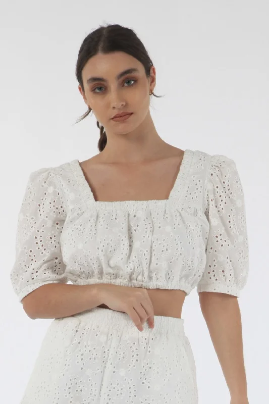 Double Second White Broderie Crop Top With Lace Up Back Hooded Caped Shawl Collar