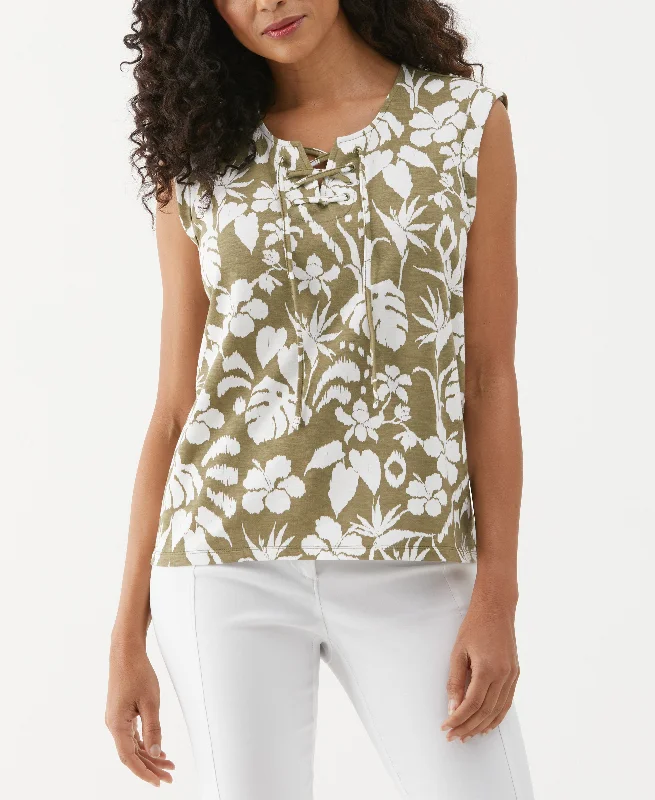 Petite Tropical Print Lace-Up Tank Top flirty tank top